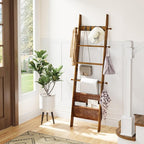 ELYKEN Blanket Ladder, 5-Tier Farmhouse Wooden Rack with Synthetic Leather Pocket, 4 Removable Hooks, Decorative Leaning Ladd