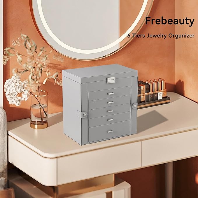 Frebeauty Large Jewelry Box,6-Tier PU Leather Jewelry Organizer,Multi-functional Storage Case with Mirror,Accessories Holder 