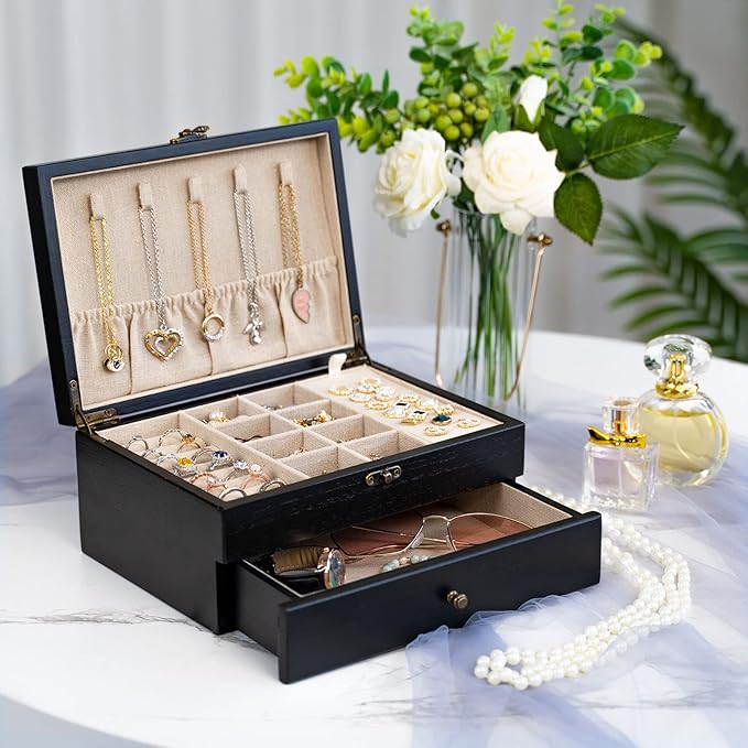 Pinzoveco Jewelry Box for Women, Rustic Wooden Jewelry Organizer Box for Storage Earrings Rings Necklace Bracelet, Farmhouse 