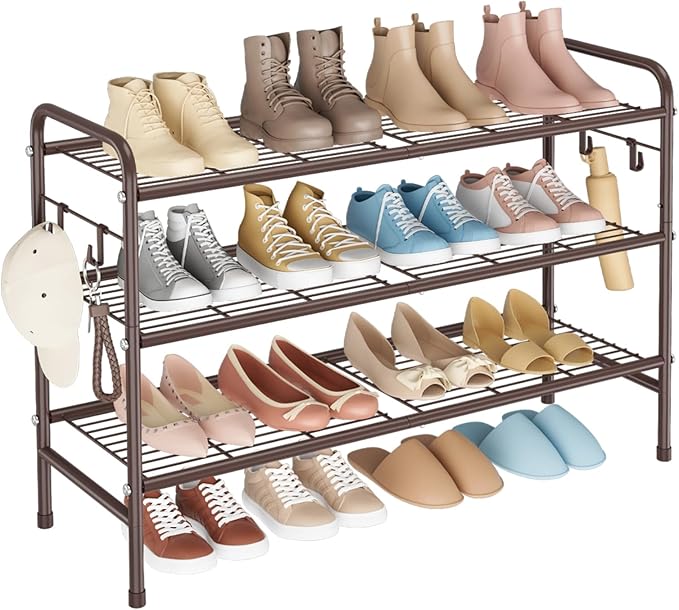 VILICK 3 Tier Shoe Rack 33" Wide Metal Shoe Organizer Long Shoe Storage with 4 Side Hooks Sturdy Shoes Shelf for Front Door E