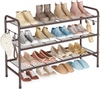 VILICK 3 Tier Shoe Rack 33" Wide Metal Shoe Organizer Long Shoe Storage with 4 Side Hooks Sturdy Shoes Shelf for Front Door E