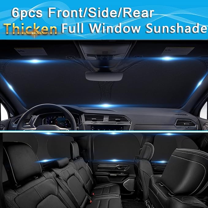 KMF 6pcs Thicken Sun Shade for Ford Ranger 4Door 2019-2025 Accessories, Full Car Window Covers Sunshade for Windshield Side Rear, UV Block and Privacy Blackout for Camping Outdoor