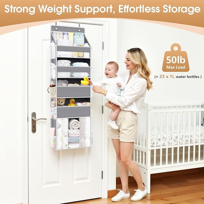 WISELIFE 5-Tier Over the Door Organizer for Hanging - 50LB Heavy-Duty Back of Door Organizer with 5 Spacious Pockets & 13 Mes
