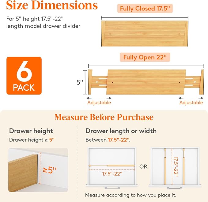 Lifewit 5" High 6 Pack Bamboo Drawer Dividers 45-55cm/17.5-22" Adjustable Wooden Drawer Organizer for Clothes/Utensils, Expan