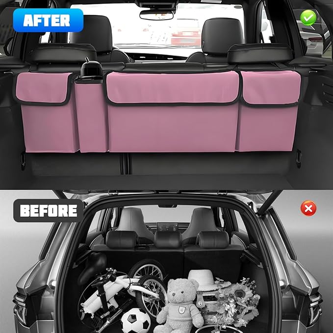 Car Trunk Organizer with Lid, Large Waterproof Vehicle Backseat Hanging Storage Bag with 4 Pockets & Adjustable Straps, Colla