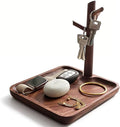 Solid Black Walnut Wooden Key Tray, Multi-Functional Key Bowl for Entryway Table, Key Holder Stand equipped with 3 Hooks, Woo