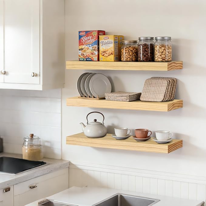 Floating Wall Shelves 24x6.8x1.7 Inch – Solid Wood Rustic Shelves in Natural Wood Finish – Wall Mounted Display Shelf for Bat