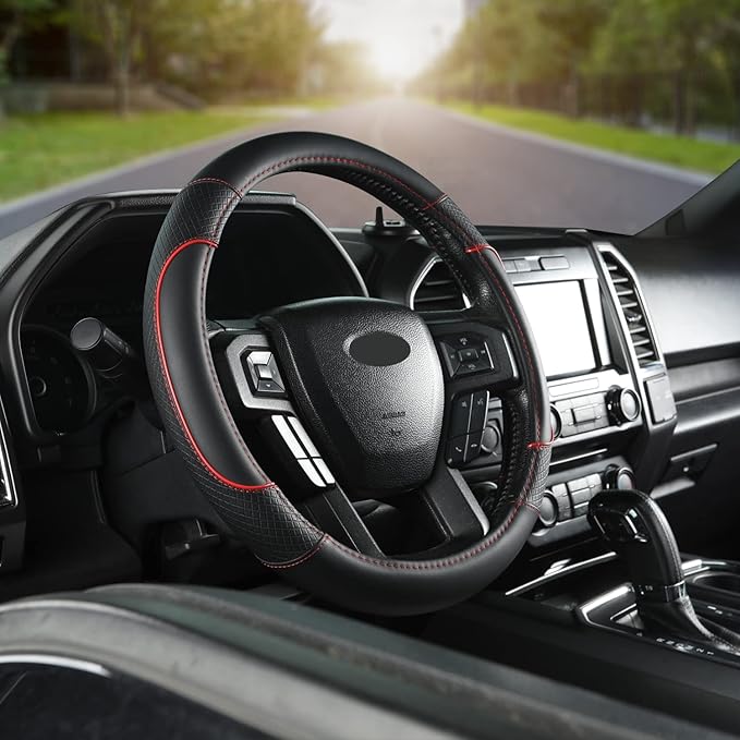 GIANT PANDA Steering Wheel Cover for Ford F150 F250 F350 Expedition - Black+Red Trim