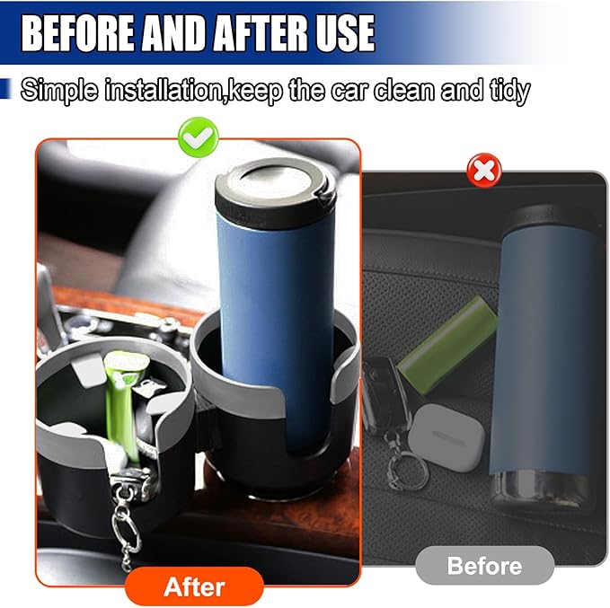 Car Double Cup Holder Extender, Multifunctional 2-in-1 Auto Drink Holder Insert with Adjustable Base, Portable Cup Holders Adapter, Universal Car Beverage Organizer for Bottle, Snack (Grey)