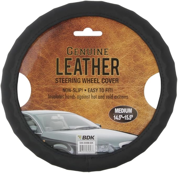 BDK Genuine Black Leather Steering Wheel Cover for Car, Small (13.5" - 14.5") – Ergonomic Comfort Grip for Men & Women, Car S