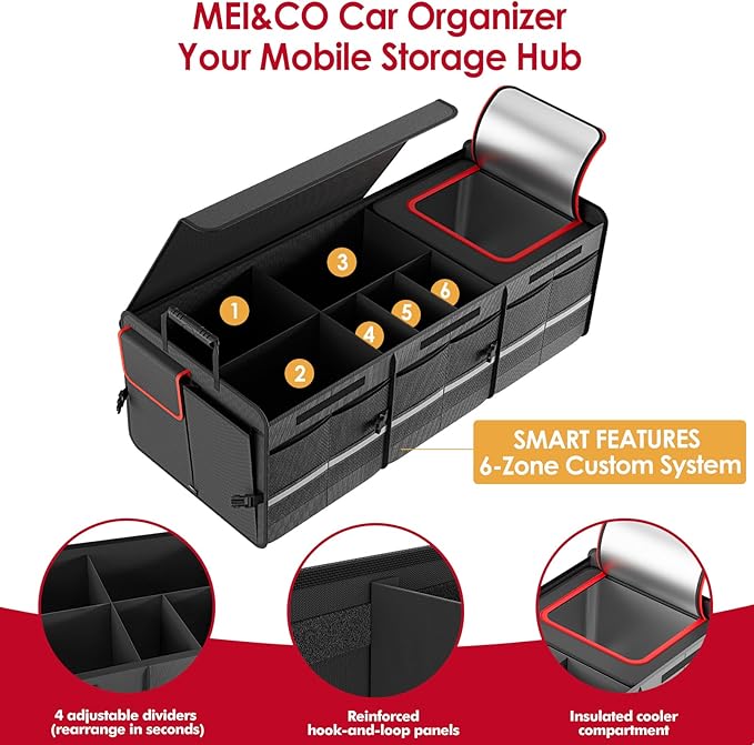 MEI&CO Car Trunk Organizer - 2.5mm PP Board Built, 35L Leakproof Cooler, 105L Capacity, 2 Tie-Down Straps, 4 Adjustable Divide
