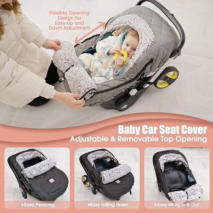 ACRABROS Car Seat Cover Baby: Winter Infant Carseat Canopy for Boy Girl Newborn, Zipper Peeping Window, Warm Cozy Cold Weathe