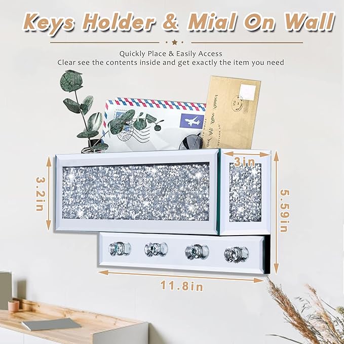 Crushed Diamond Key and Mail Holder for Wall, Crystal Mail Organizer Wall Mount, Mirror Mail and Key Holder Wall Mount for En