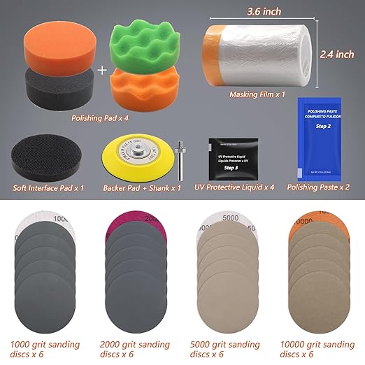VIBRATITE Car Headlight Restoration Kit, 3 Inch Car Polishing Sanding Kit with 1/4 Inch Shank Backing Pad, Drill Buffing Sponge Pads, Soft Interface Pad, Headlight Lens Cleaner and Restorer, 37PCS