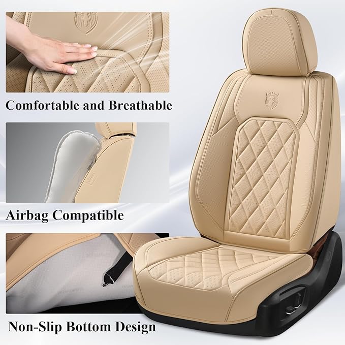 Coverado Front Seat Covers, Luxury Faux Leather Waterproof Seat Cover, Beige Car Seat Protector, Car Seat Cover Front Seats, 