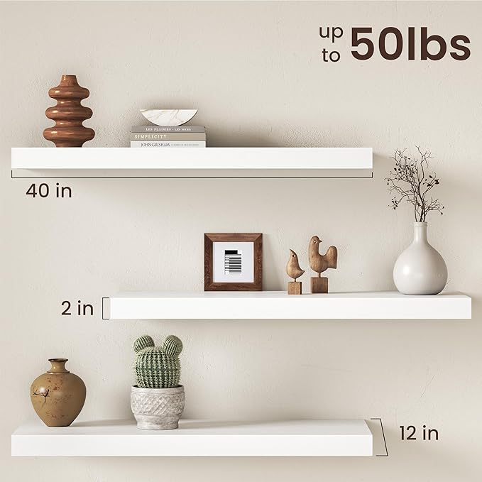 40Inch White Floating Shelves for Wall, 12 Inch Deep Shelves for Bedroom, Kitchen, Bathroom Wall Mounted, Rustic Wood Floatin