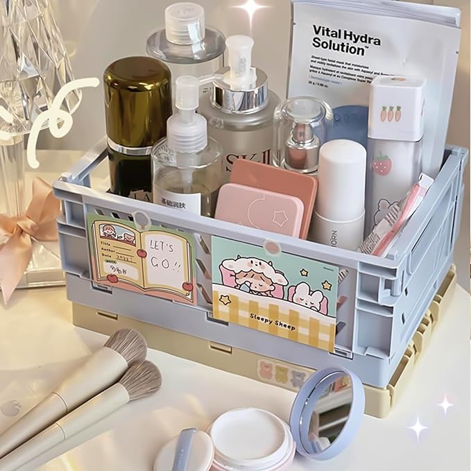 Small Pastel Plastic Storage Bins 2Pcs Foldable Pastel Crates Plastic Basket Colorful Storage Containers Baskets for Classroo