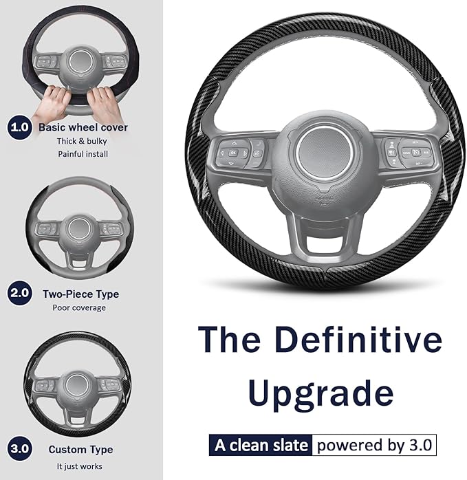 3-Piece Carbon Fiber Steering Wheel Cover, Custom Fit for Jeep Wrangler 2018-2026 Gladiator 2020-2026,Quick Install Ultra-Thin & Non-Slip,Interior Car Accessories for Men Women(Gloss Black)