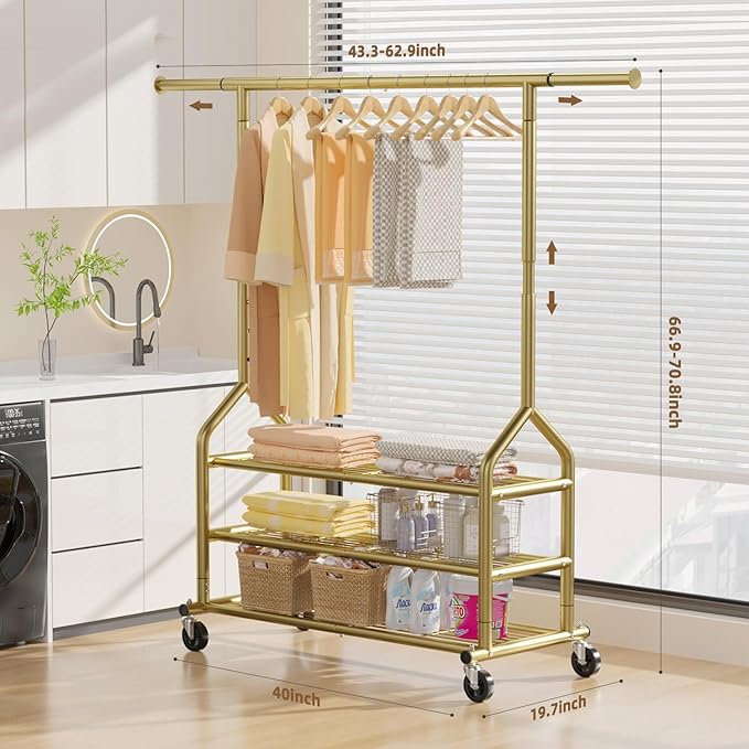 EAGMAK Heavy Duty Clothes Rack Load 688 LBS, Rolling Clothing Rack With 3 Shelves, Adjustable Metal Clothes Hanger with Wheel