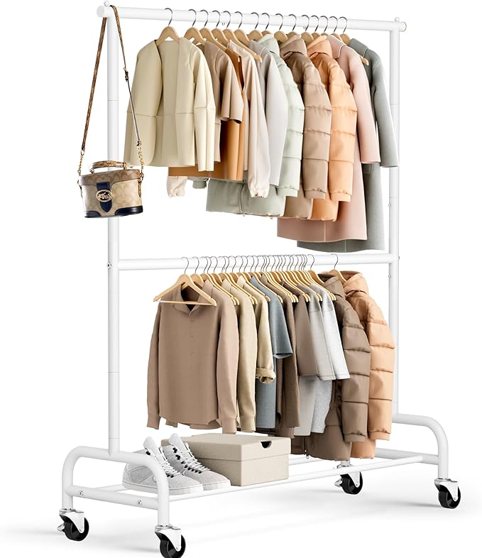 MISSLO Heavy Duty Clothing Racks for Hanging Clothes Rack Double Rod Garment Rack Rolling Closet Wardrobe Rack on Wheels, Met