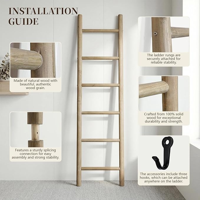 Wooden Blanket Ladder - 76in Natural Wood Color- Leaning Wall Decor for Bedroom, Bathroom, Living Room - Rustic Quilt Holder 