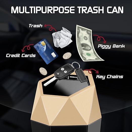 Car Trash Can with Lid, Mini Car Trash Cup with 30 Additional Trash Bags, Car Accessories for Interior, Leakproof Vehicle Garbage Bin for Car, Home, Office - 2 Packs, Gold