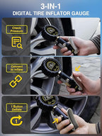 AZUNO Tire Pressure Gauge, 255PSI Digital Tire Inflator Gauge Air Chuck Air Compressor Attachments, with Steel Braided Hose, Quick Connect Coupler&Carrying Case, for Truck/Car/SUV/RV/Bike