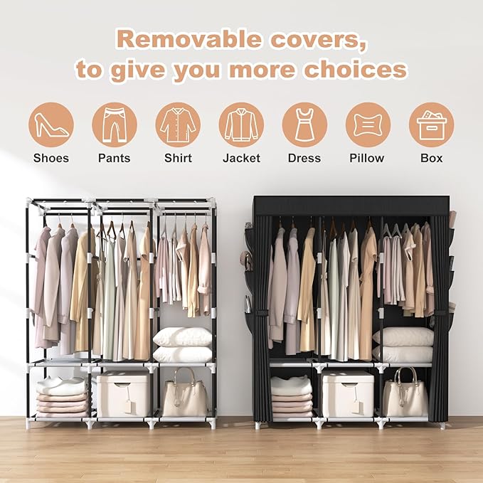 VTRIN Portable Closet for Hanging Clothes 52 Inch Wide Portable Wardrobe Closet with Cover, 6 Storage Shelves and 3 Hanging R