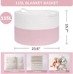 INDRESSME 115L Extra Large Pink Laundry Basket for Nursery Stuffed Animal Storage, Blanket Rope Baby Baskets Kids Toy Organiz