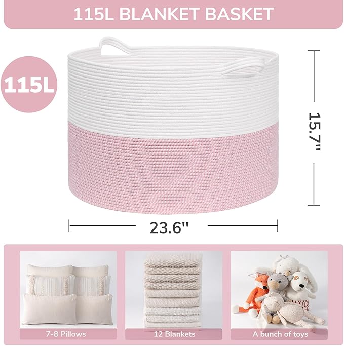 INDRESSME 115L Extra Large Pink Laundry Basket for Nursery Stuffed Animal Storage, Blanket Rope Baby Baskets Kids Toy Organiz