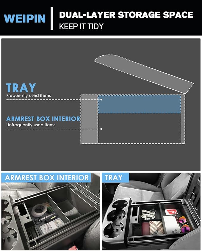 for Center Console Armrest Organizer Tray ABS Materials Compatible with 2007–2013 Chevrolet Silverado/Sierra/Yukon&Yukon XL/Tahoe/Suburban/Avalanche–Jump Seats
