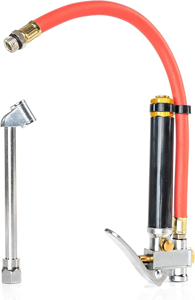 NEIKO 20701A Tire Inflator | 12 Inch | Flexible Air Tire Pressure Gauge | 20 – 120 PSI | 1/4” NPT Offset Dual Head Chuck | Tire Filler with Hose | Aluminum Body and Brass Valves | Stem Valve Caps