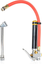 NEIKO 20701A Tire Inflator | 12 Inch | Flexible Air Tire Pressure Gauge | 20 – 120 PSI | 1/4” NPT Offset Dual Head Chuck | Tire Filler with Hose | Aluminum Body and Brass Valves | Stem Valve Caps