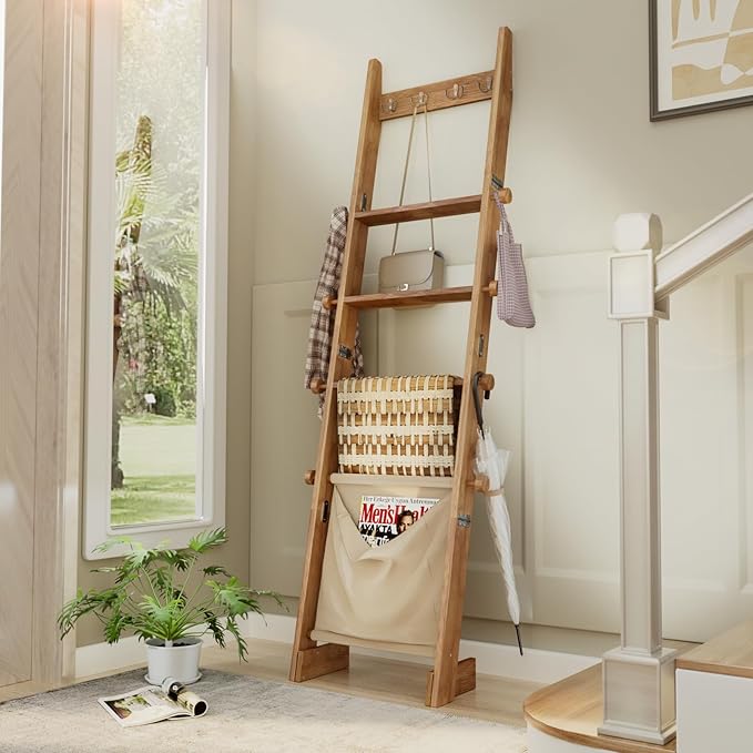 REFGY Blanket Ladder for Living Room, 5-Tier Wooden Blanket Ladder, 5.3Ft Wall Leaning Quilt Ladder for Bedroom, Rustic Decor