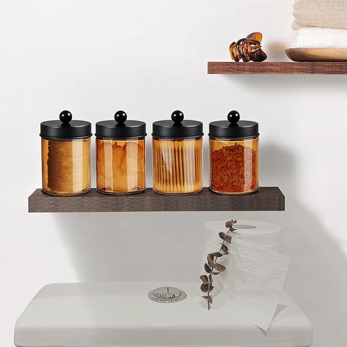 Amolliar Bronze Glass Apothecary Jar, Qtip Holder Metal Lid & Stickers, Bathroom Qtip Dispenser Storage Canister, Perfect for