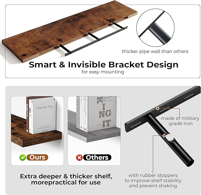 Fun Memories 55 Inch Floating Shelves for Wall, Fireplace Mantel Shelf with Invisible Heavy Duty Bracket, 8 Inch Deep Storage