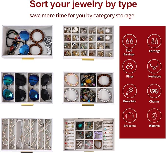 BOOVO Jewelry Boxes for Women, White and Black 6 Layer Large Jewelry Box for Necklace, Bracelet, Earrings, Rings Storage, Jew