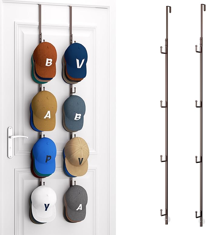 HapiRm Over Door Hat Rack - 2 Packs Hat Organizer with 8 Hooks Design, Hanging Baseball Cap Organizer Storage Holds Up to 40 