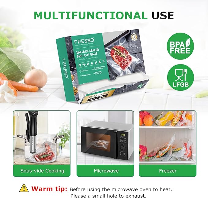 FRESKO 8"x12" Food Vacuum Sealer Bags, 120Pcs PreCut Bags for Food Vacuum Storage, Vacuum Seal Food Sealer Bags with BPA Free