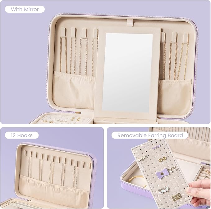 Lolalet Travel Jewelry Case for Women Girls, Travel Jewelry Organizer Box with Mirror & Clear Storage Bag, Small Portable Ear