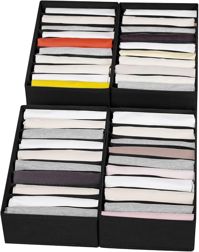 4 Packs T-shirt Drawer Organizers for Clothing,10 Grids Compartment Wardrobe Storage Box, Washable Clothes Organizer for Fold