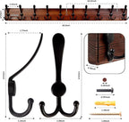 Kuhome 38.6'' Large Coat Rack Wall Mount Coat Hooks Coat Hanger with 10 Metal Black Triple- Hooks Brown Pine Real Wood Plank 