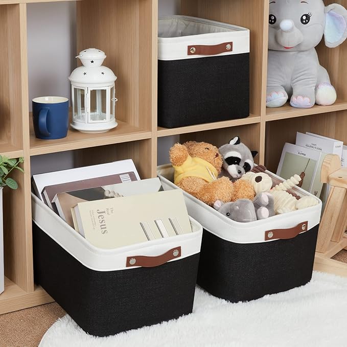 HNZIGE Large Storage Baskets (3 Pack) - Fabric Bins with Leather Handles, Foldable for Organizing Clothes, Toys (Black & Whit