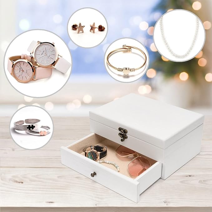 Pinzoveco Jewelry Box for Women, Rustic Wooden Jewelry Organizer Box for Storage Earrings Rings Necklace Bracelet, Farmhouse 