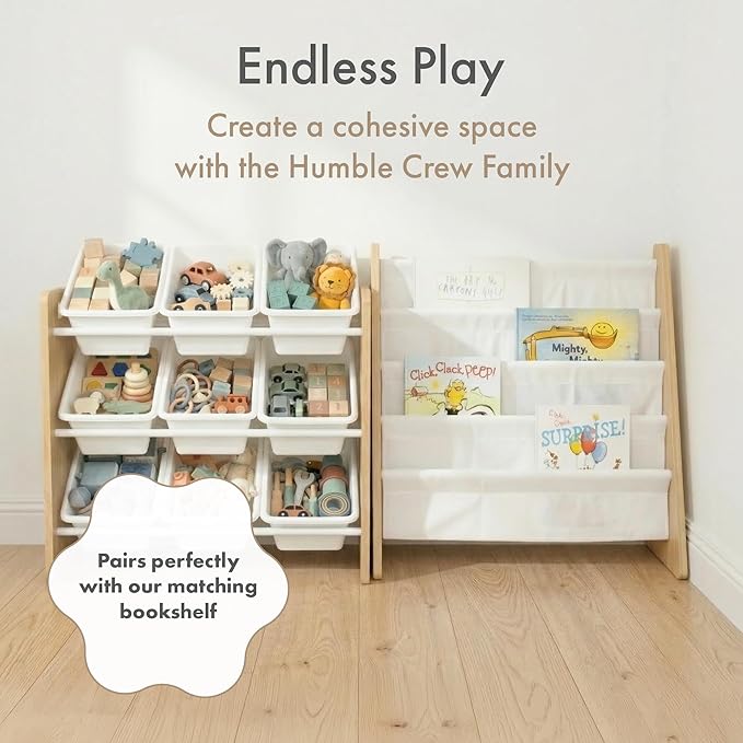 Humble Crew 9-Bin Toy Organizer – Journey Natural Wood with White Plastic Bins, 3-Tier Storage Solution for Kids' Playrooms a