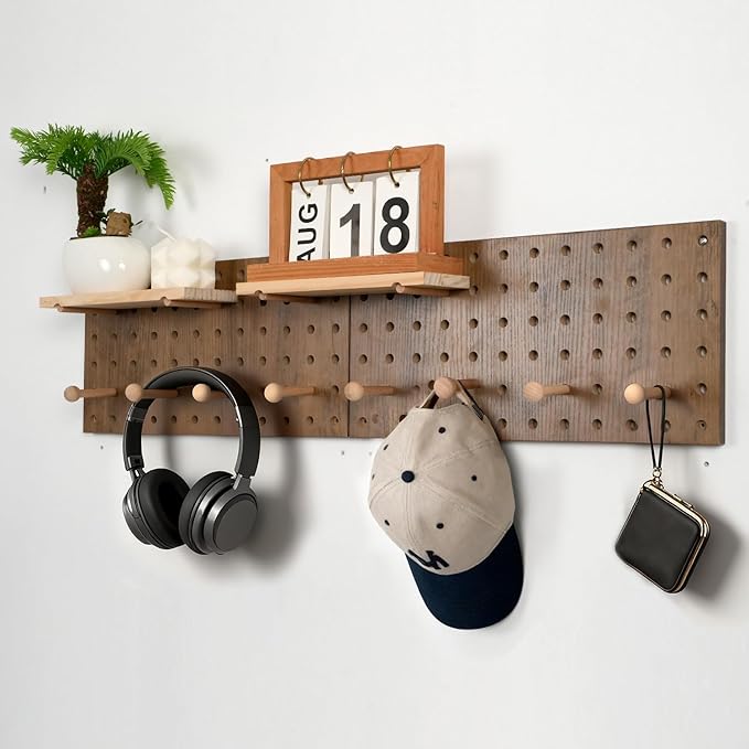 Brown Wood Pegboard Modular Display Wooden Pegboard Combination Wall Organizer Storage Wall Hooks Shelf for Home, Office, Bat