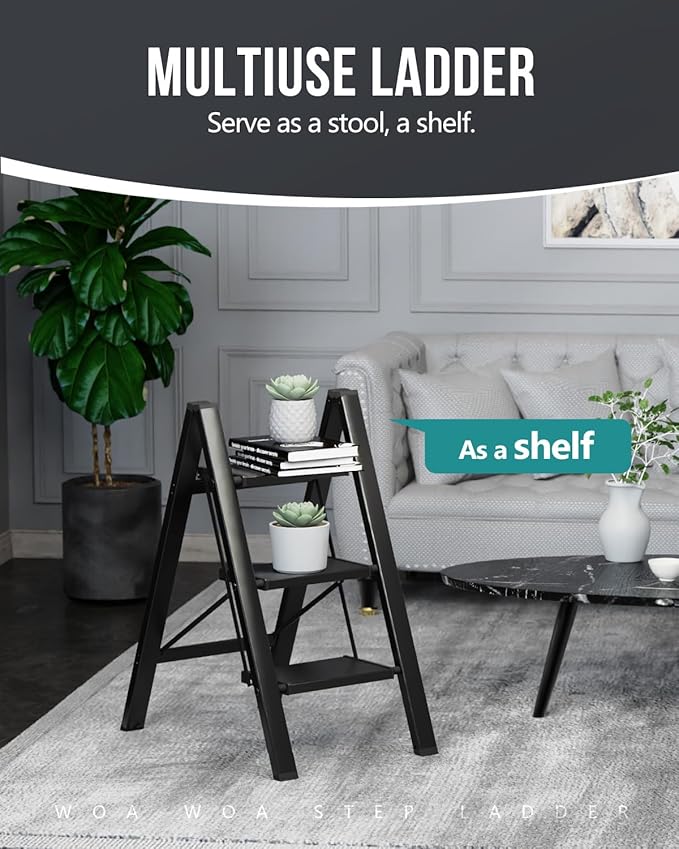 WOA WOA Step Ladder, Portable Lightweight Home Ladder, Folding Step Stool with Widening Pedals, Kitchen Stepladder, Space Sav