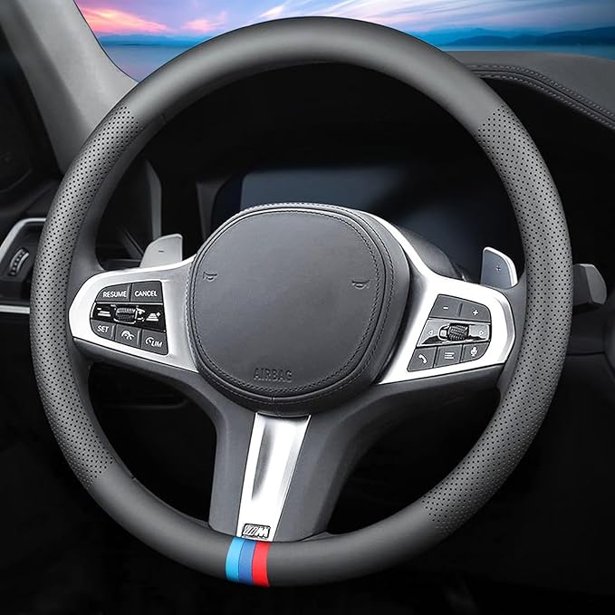 Car Leather Steering Wheel Cover - Panapi Material, Universal 14.5-15 Inch Leather Anti-Slip Breathable Auto Steering Wheel C