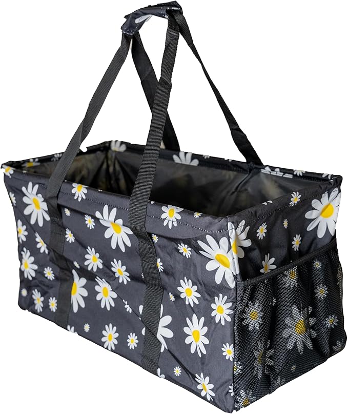 Extra Large Utility Tote Bag - Oversized Collapsible Reusable Wire Frame Rectangular Canvas Basket With Two Exterior Pockets For Beach, Pool, Laundry, Car Trunk, Storage - Black Daisy
