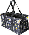 Extra Large Utility Tote Bag - Oversized Collapsible Reusable Wire Frame Rectangular Canvas Basket With Two Exterior Pockets For Beach, Pool, Laundry, Car Trunk, Storage - Black Daisy